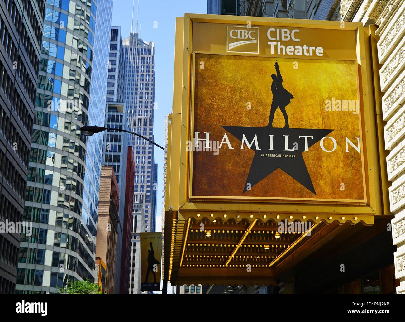 View of the CIBC Theatre in Chicago playing the musical Hamilton created by Lin Manuel Miranda Stock Photo