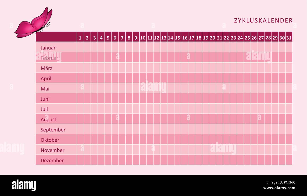 monthly menstruation calendar of menstrual cycle with pink butterfly