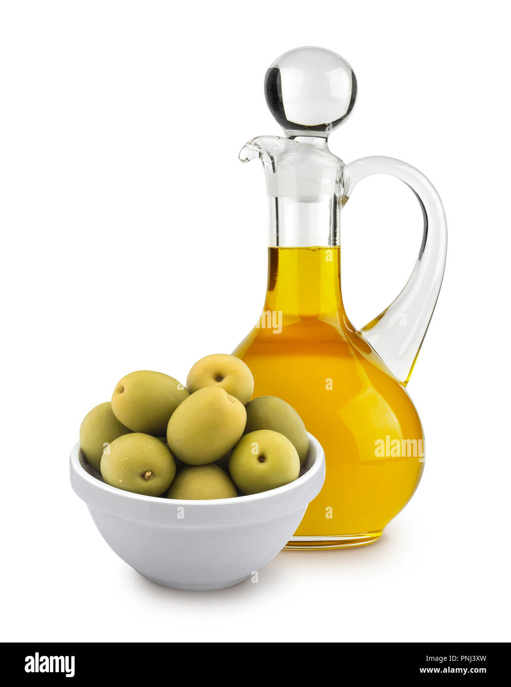 Olive oil and green olives isolated on white background with clipping ...