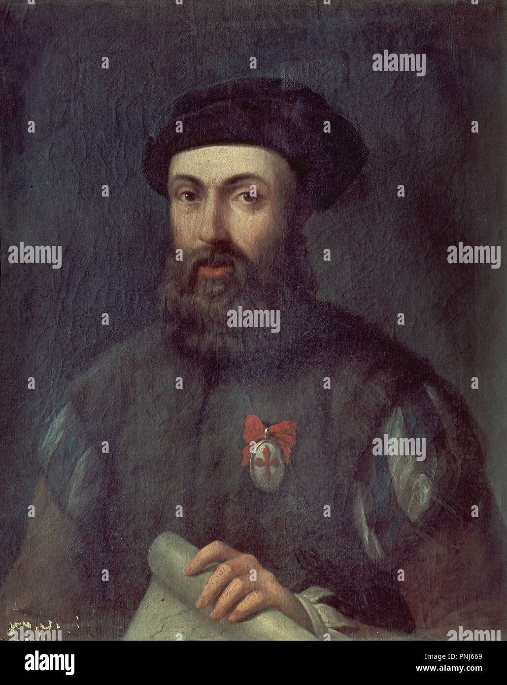 Ferdinand Magellan (1480-1521). Oil on canvas (72 x 61 cm). Reproduced in 1848 from a 16th century painting. Madrid, naval museum. Author: ANONIMO SIGLO XVI. Location: MUSEO NAVAL / MINISTERIO DE MARINA. MADRID. SPAIN. Stock Photo