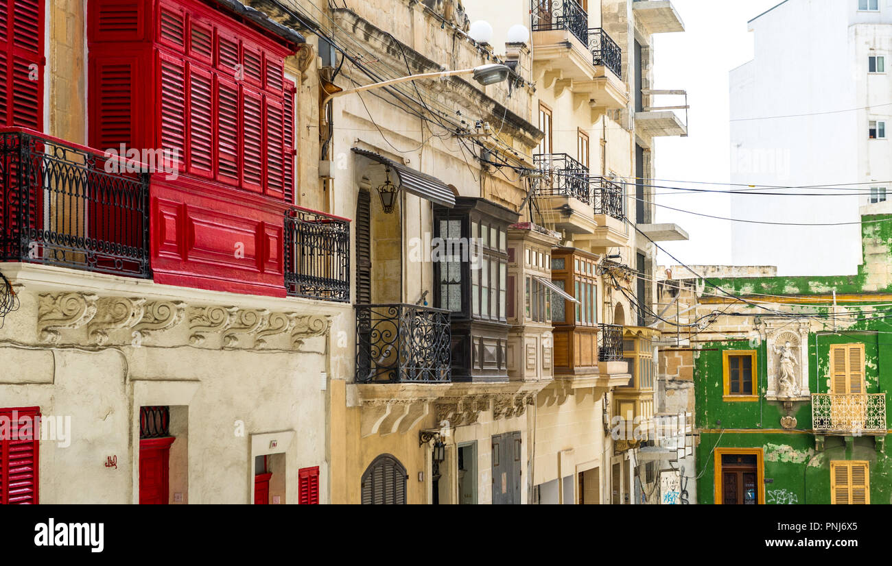 Traditional couourful Maltese Balconies. Stock Photo