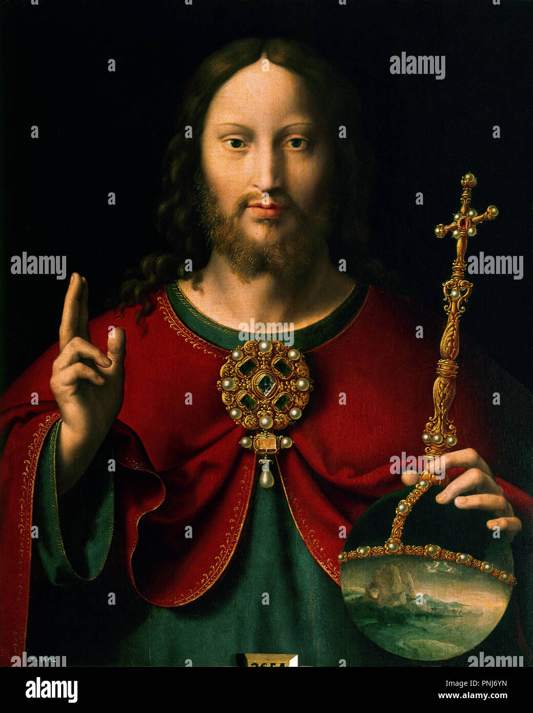 'The Saviour', ca. 1520, Oil on Panel, 60 cm x 47 cm, P02654. Author: CLEVE, JOOS VAN. Location: MUSEO HOSPITAL DE SANTA CRUZ. Toledo. SPAIN. Stock Photo