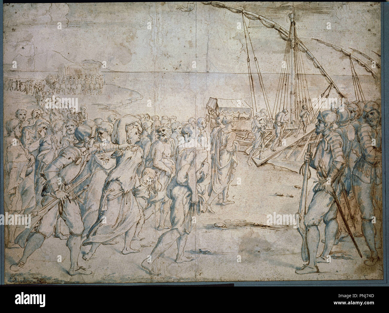 Drawing. Moorish people expelled from Spain. Ca. 1627. Valencia harbour. Madrid, Prado musem. Author: CARDUCCI, VINCENZO. Location: MUSEO DEL PRADO-DIBUJOS. MADRID. SPAIN. Stock Photo