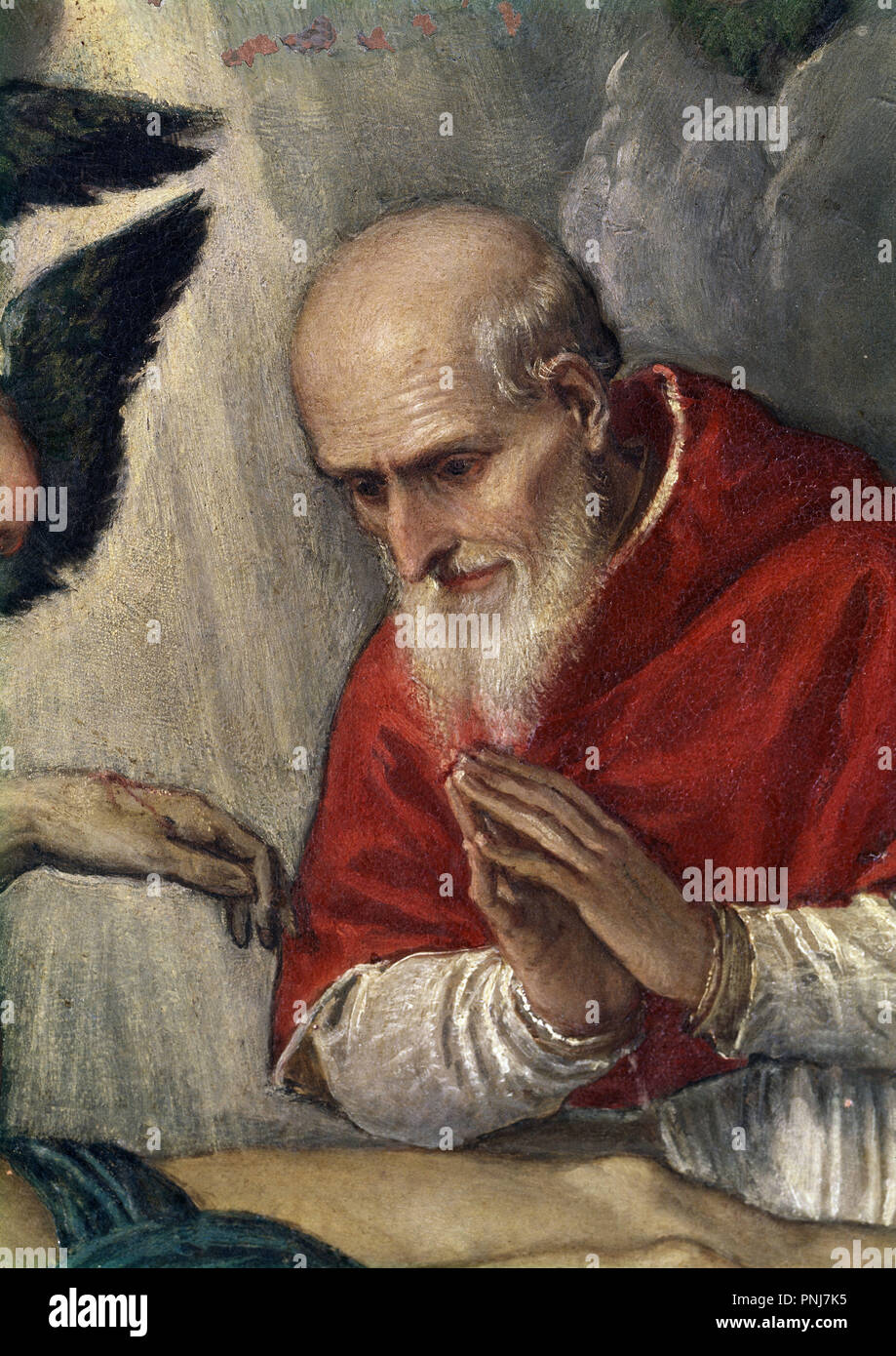 Pius V, pope from 1566 to 1572, adoring Christ. Detail. Madrid, Prado museum. Author: PARRASIO MICHELE. Location: MUSEO DEL PRADO-PINTURA. MADRID. SPAIN. Stock Photo