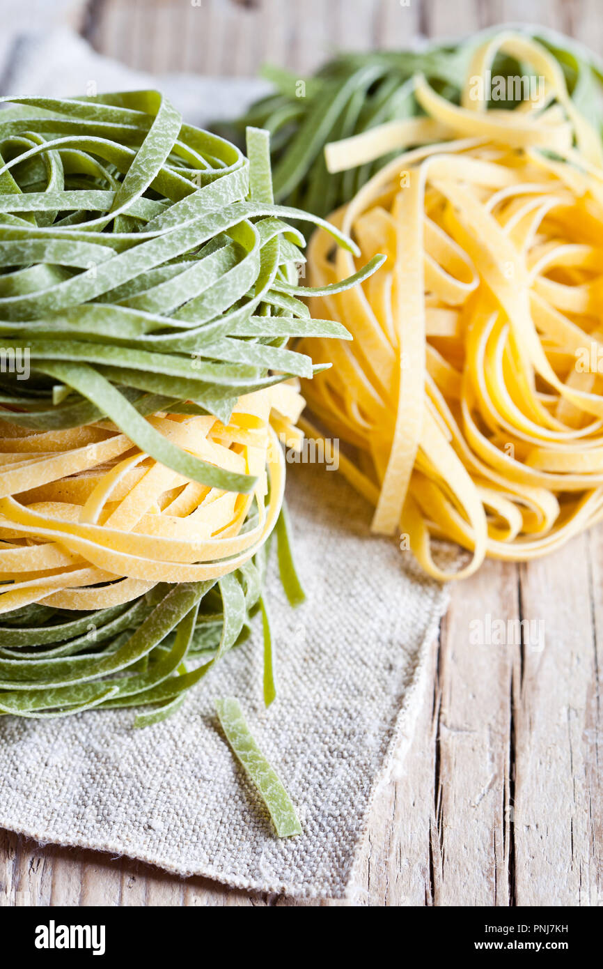 italian pasta tagliatelli closeup on linen napkin Stock Photo