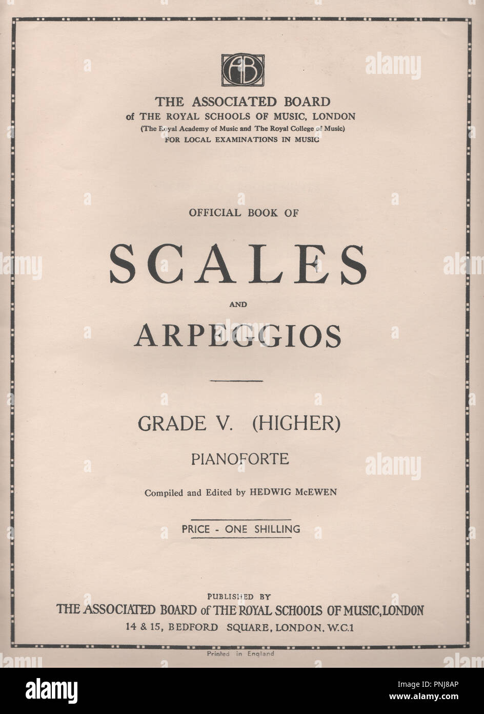 The Official Book of Scales and Arpeggios for the pianoforte published in the 1930s by the Associated Board of the Royal Schools in Music for local examinations in music. Compiled by Hedwig McEwen wife of the Scottish composer Sir John Blackwood McEwen. Stock Photo