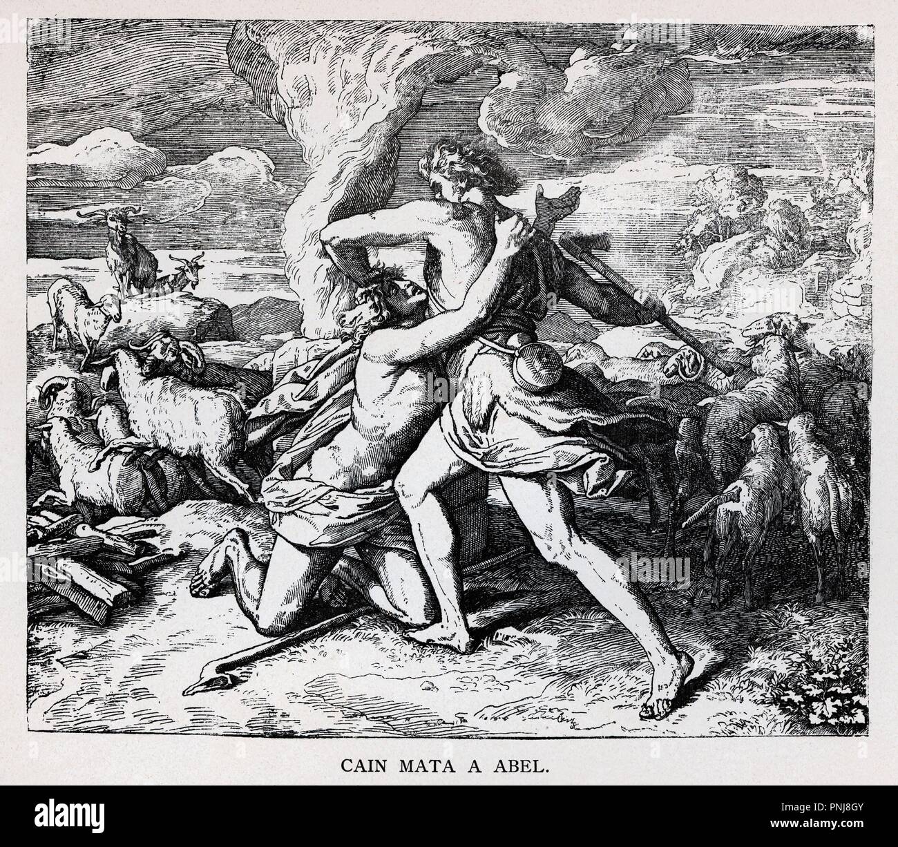 CAIN MATA A ABEL. Grabado de 1889. Álbum de Historia Sagrada (La Santa ...