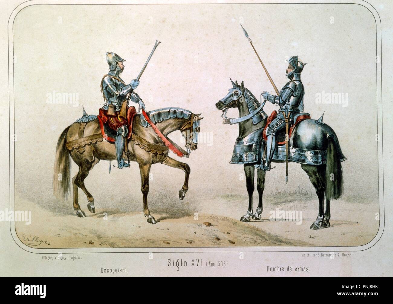 Escopetero y Hombre de armas en el año 1508. Dibujo de Villegas. Lámina número 15 del ALBUM DE LA CABALLERIA ESPAÑOLA del Teniente General Conde de Clonard. Litografía Militar, Madrid, año 1861. Stock Photo