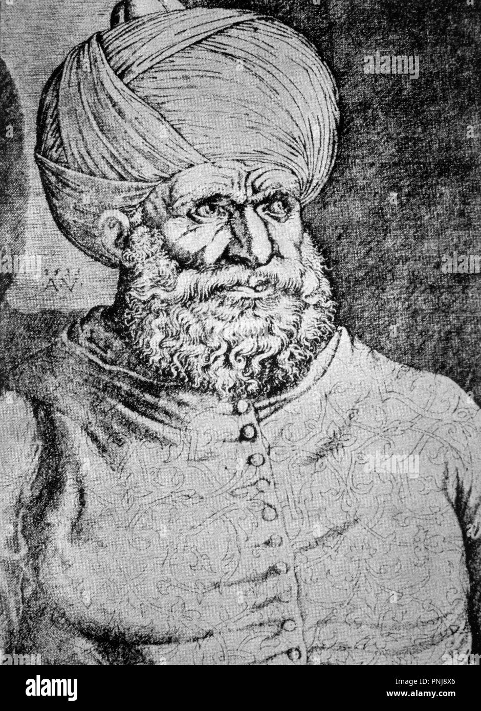 Jeireddín Barbarroja. Corsario berberisco, que sirvió como almirante al Sultán Soliman El Magnífico. De un dibujo de A.Veneziano de 1535. Stock Photo