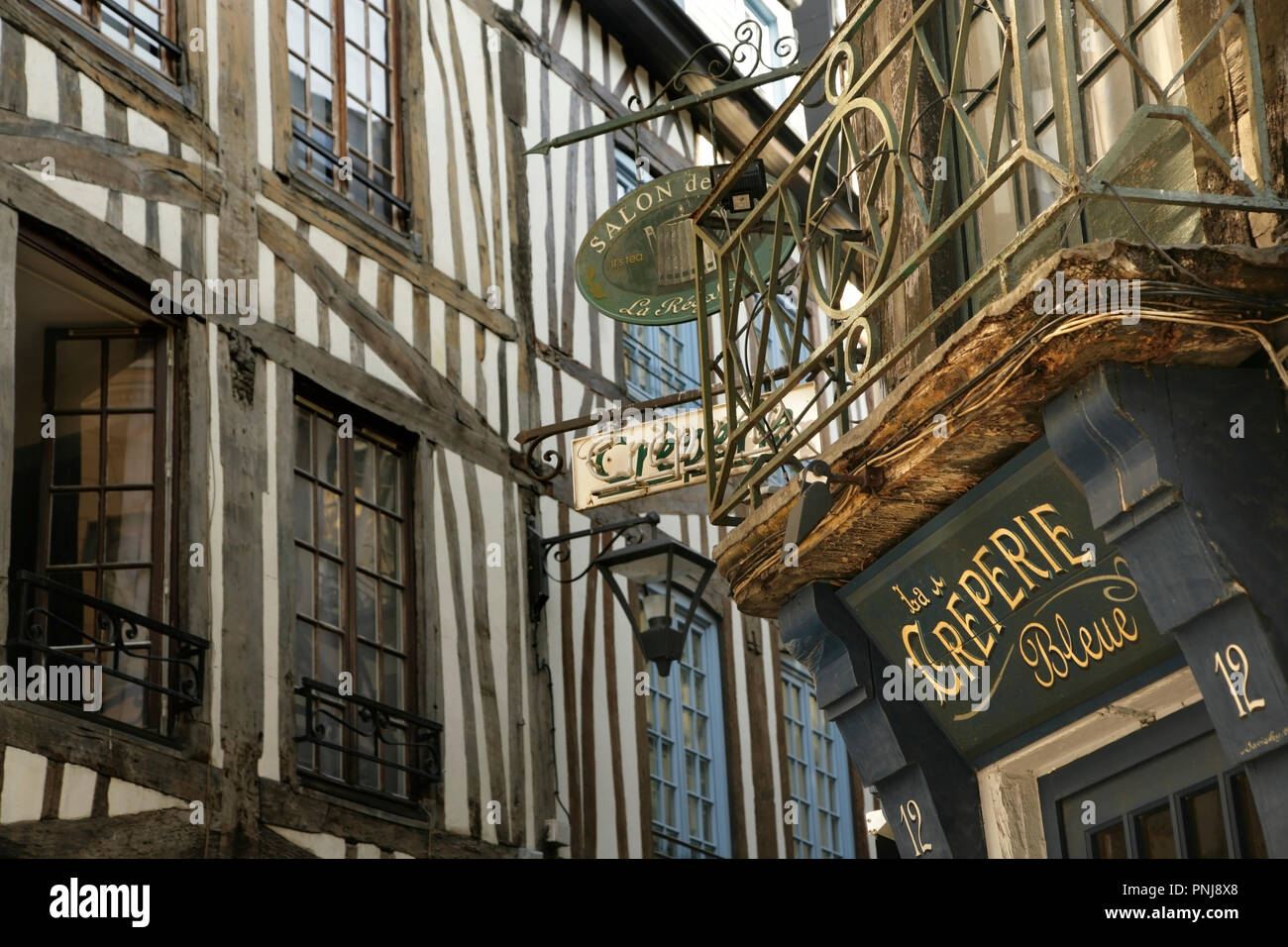Sign on specialist creperie in old half-timbered building, Rouen, Normandy, France. Stock Photo
