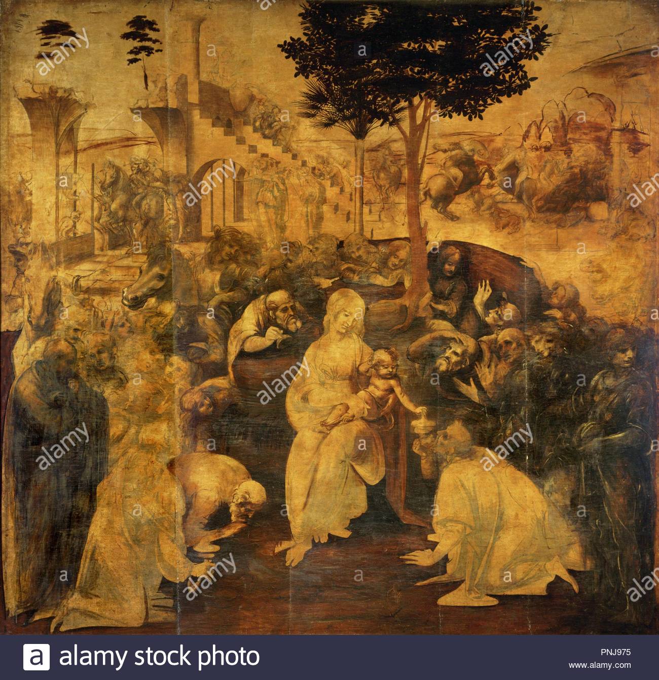 Leonardo Da Vinci / 'Adoration of the Magi', 1481, Oil on wood, 246 x 243 cm. Museum: GALLERIA DEGLI UFFIZI.