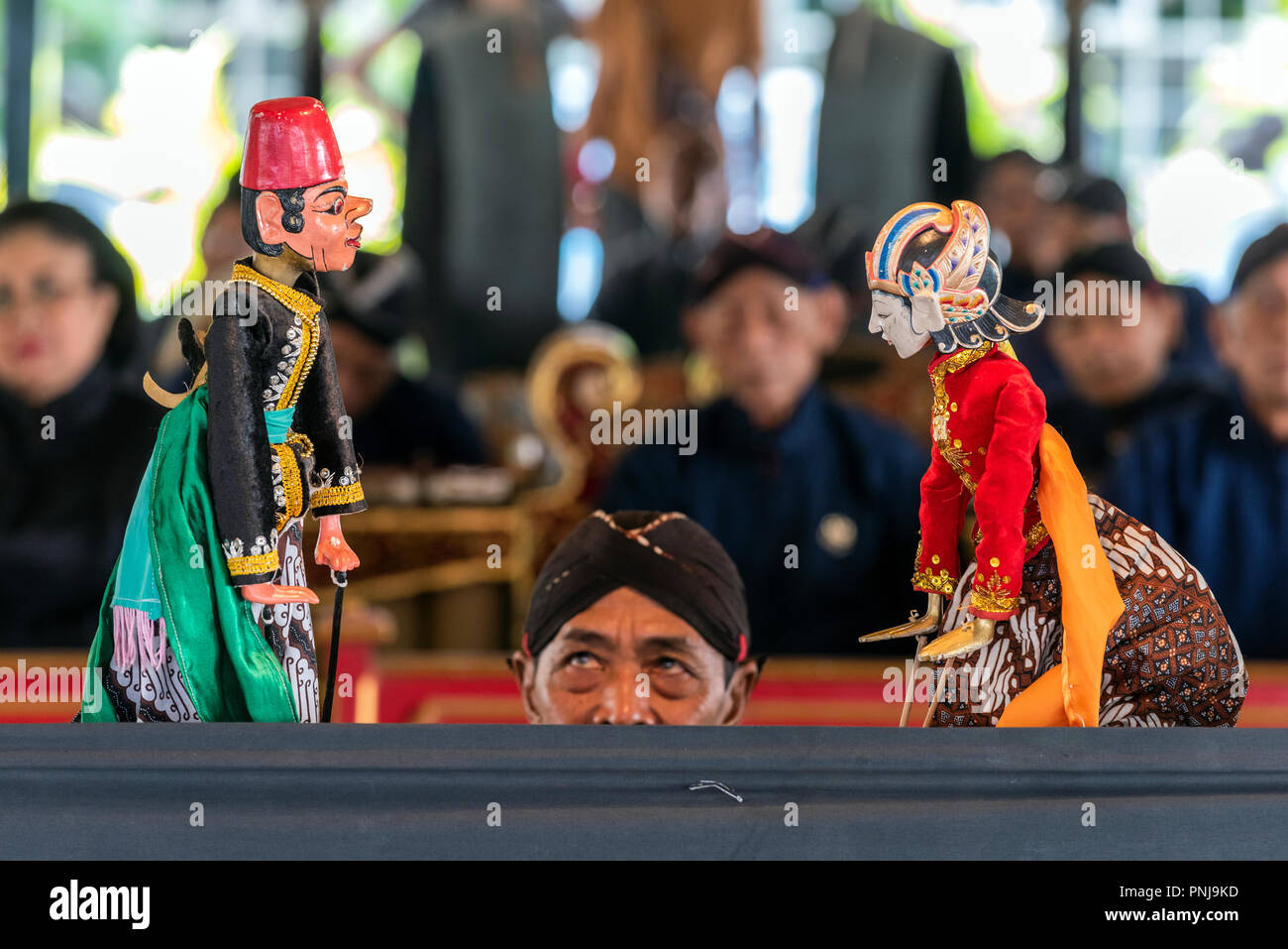 Traditional Indonesian Wayang Golek puppets performance, Kraton palace, Yogyakarta, Java, Indonesia Stock Photo