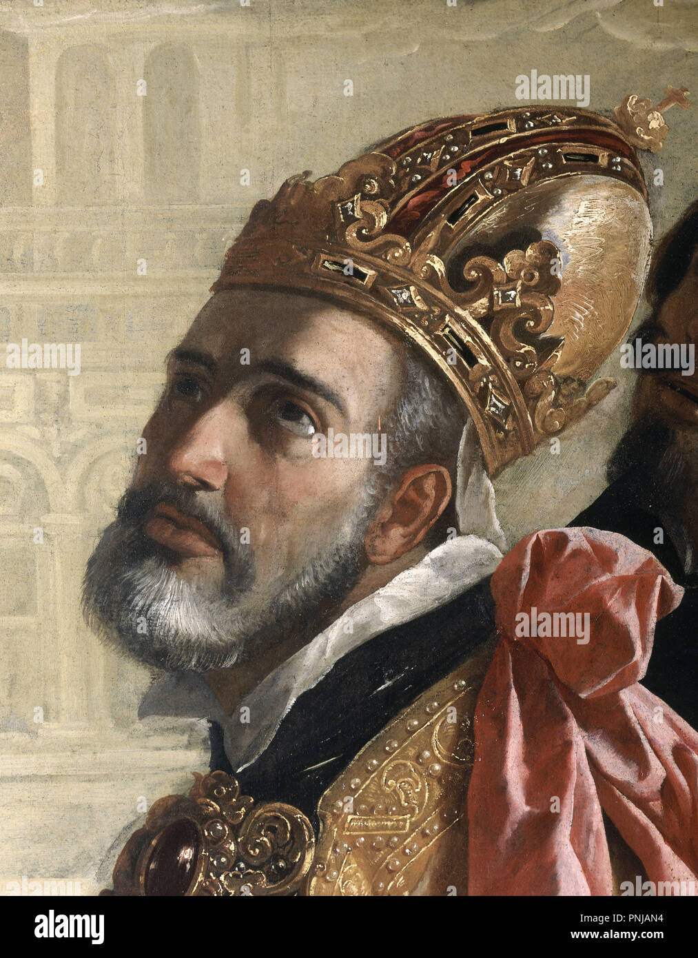 Spanish school. Apotheosis of St. Thomas of Aquinus. 1631. Detail from Charles V's Face (lower right-hand side of the painting). Seville, Museum of Fine Arts - Mercedarias Calzadad Convent. Author: ZURBARAN, FRANCISCO DE. Location: MUSEO DE BELLAS ARTES-CONVENTO DE LA MERCED CALZAD. Sevilla. Seville. SPAIN. Stock Photo