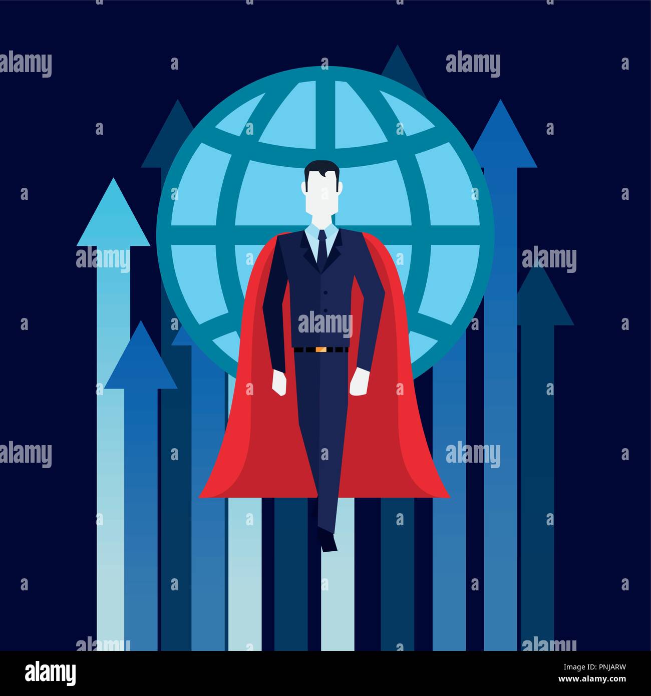 businessman superhero flying growth arrows world business vector ...
