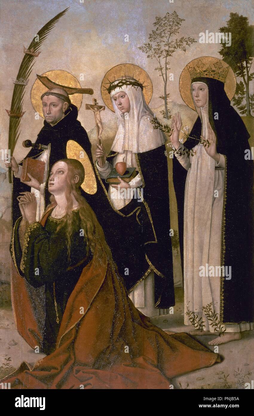 'The Magdalene, Saint Peter of Verona, Saint Catherine of Siena and Saint Margaret of Hungary', c. 1515, Mixed media on panel, 156 x 107 cm, P03110. Author: BORGOÑA, JUAN DE. Location: MUSEO DEL PRADO-PINTURA. MADRID. SPAIN. Stock Photo