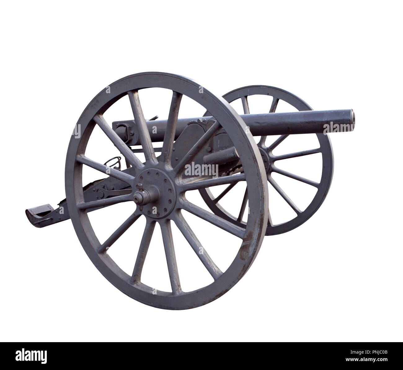 Old single barrel wheeled iron cannon of Russian army, 19th century, isolated on white background Stock Photo