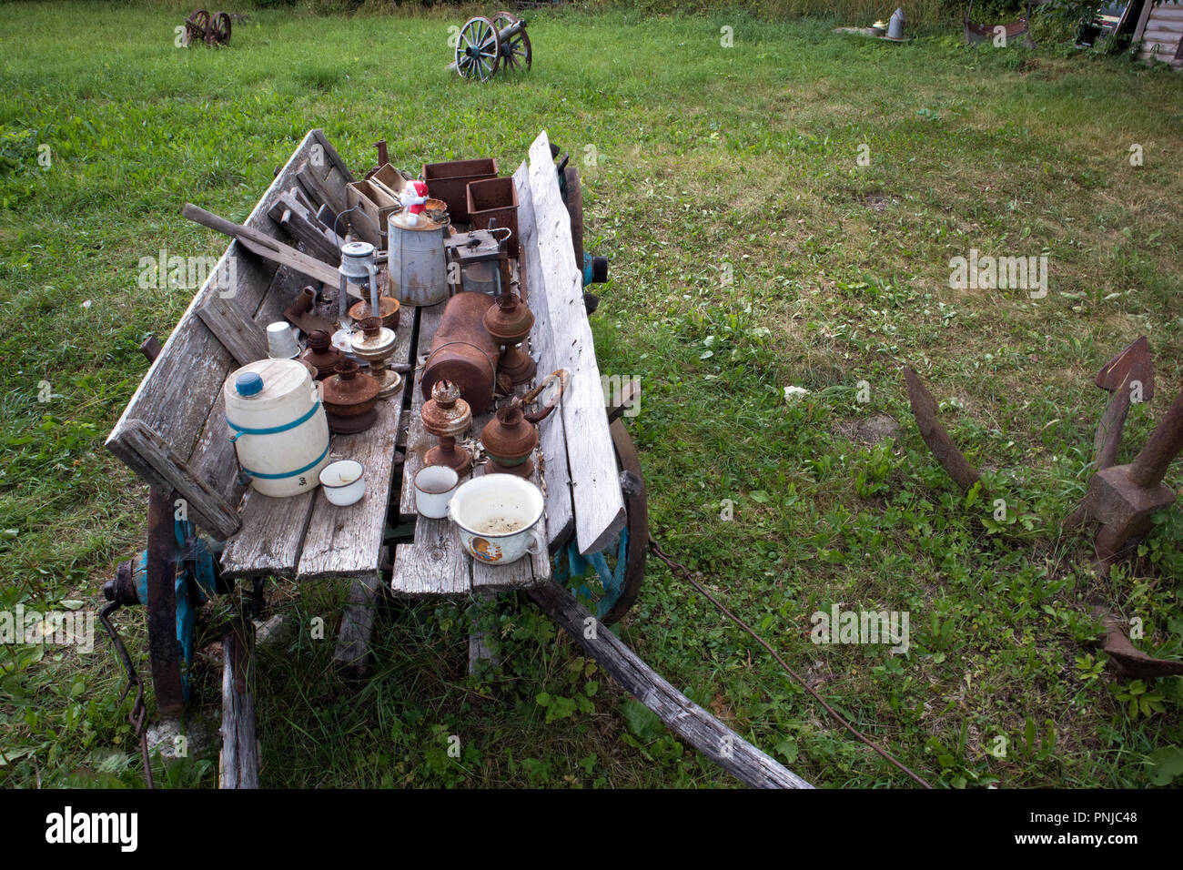 Open air museum of old unnecessary things, antique unwanted junk in old open sleigh Stock Photo