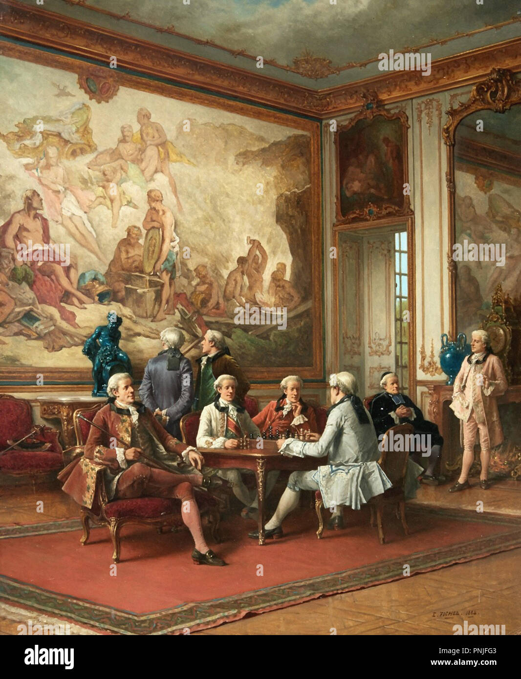 Fichel  Benjamin Eugene - a Rococo Interior with Gentlemen Playing Chess Stock Photo