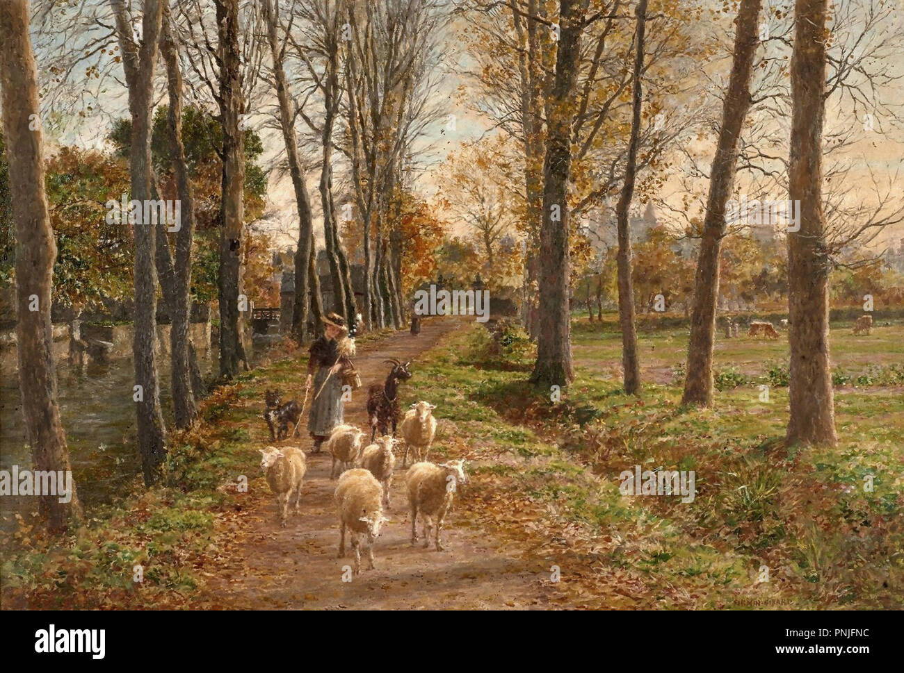 Firmin-Girard  Marie François - Young Shepherdess and Her Flock in a Woodland Stock Photo