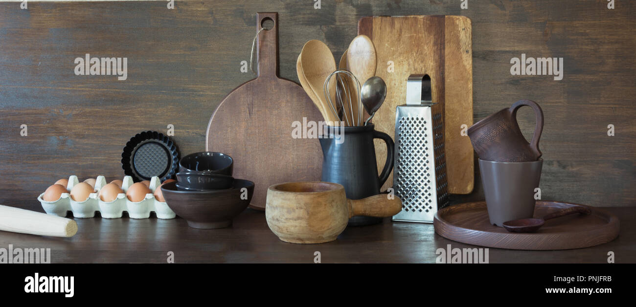 Crockery Clayware Dark Utensils And Other Different Stuff For Cooking On Wooden Tabletop Kitchen Still Life For Cooking As Background For Design C Stock Photo Alamy