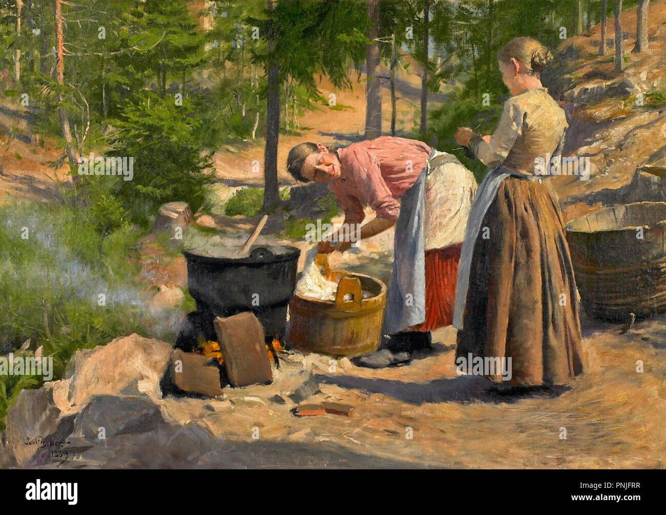 Fischer  Paul Gustave - Forest Scenery with Two Young Women Washing Clothes Stock Photo