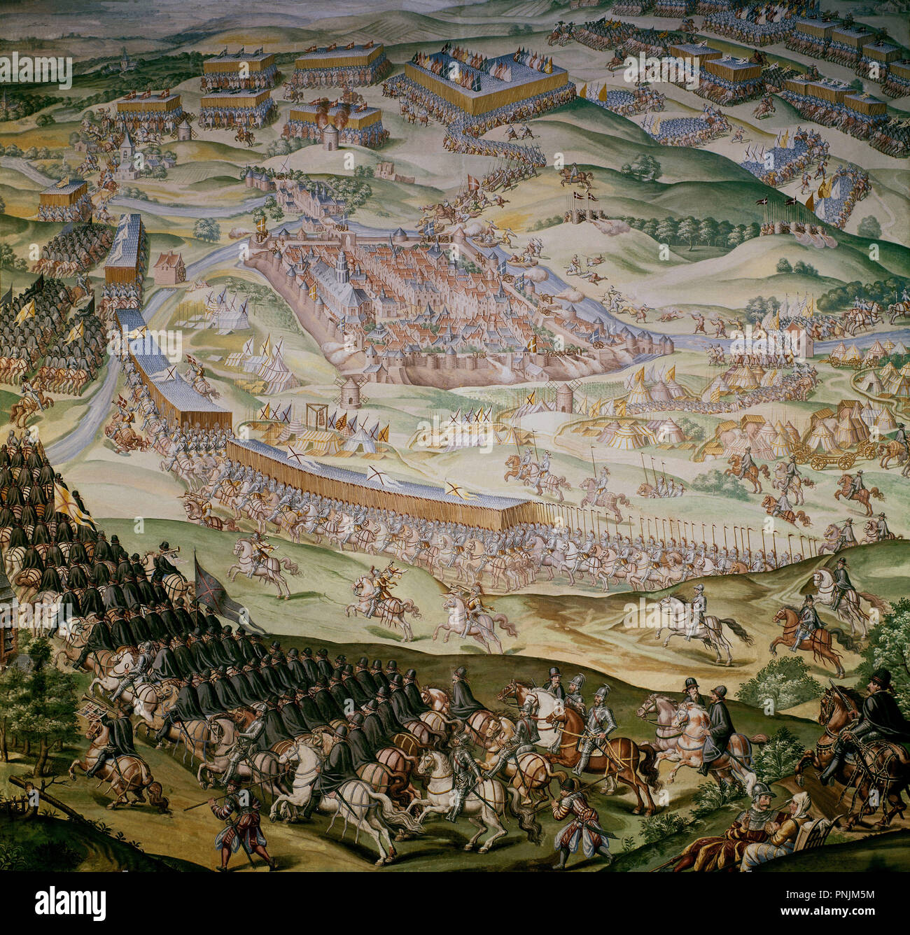 Battle of Saint Quentin - August 1557. Room of the battles of the monastery San Lorenzo del Escorial. Madrid. Author: GRANELLO-TAVARON-CASTELLO Y CAMBIASSO. Location: MONASTERIO-PINTURA. SAN LORENZO DEL ESCORIAL. MADRID. SPAIN. Stock Photo