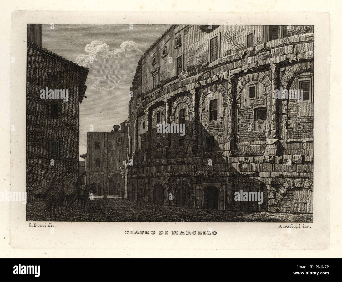 View of the Theatre of Marcellus, Teatro di Marcello, Rome. Copperplate engraving by A. Parboni after an illustration by Sylvestro Bossi from Achille Parboni's New Collection of Principal Views Ancient and Modern of the City of Rome, 1830. Stock Photo