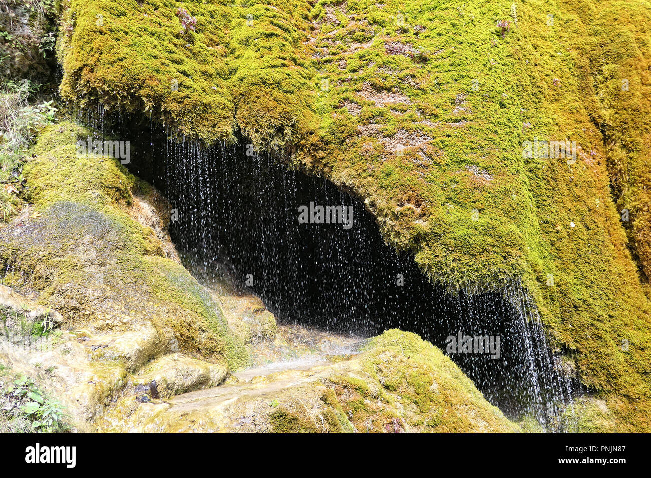 Detail of Travertine waterfall Dreinmuehlen (engl. three mills) at Nohn in  Vulcan Eifel region (Germany) Stock Photo