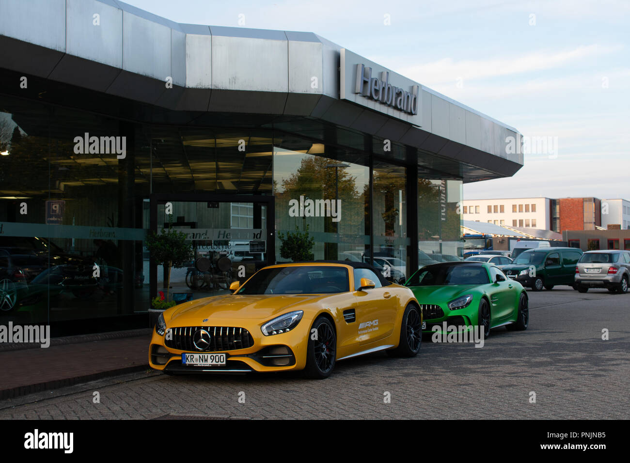 Borken, North Rhine-Westphalia / Germany - September 20, 2018: Sports car Mercedes-AMG GT in front of the Mercedes dealer Herbrand from Borken Stock Photo