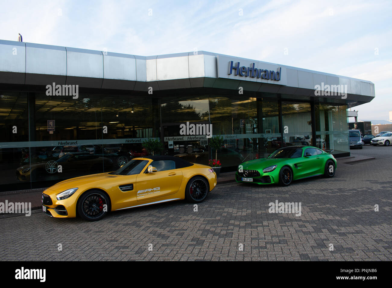 Borken, North Rhine-Westphalia / Germany - September 20, 2018: Sports car Mercedes-AMG GT in front of the Mercedes dealer Herbrand from Borken Stock Photo
