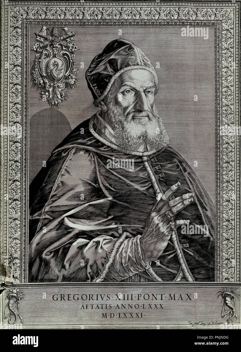 Gregory XIII (Gregorio XIII), pope from 1572 to 1585.. Madrid, San Lorenzo del Escorial, monastery library. Location: MONASTERIO-BIBLIOTECA-COLECCION. SAN LORENZO DEL ESCORIAL. MADRID. SPAIN. Stock Photo