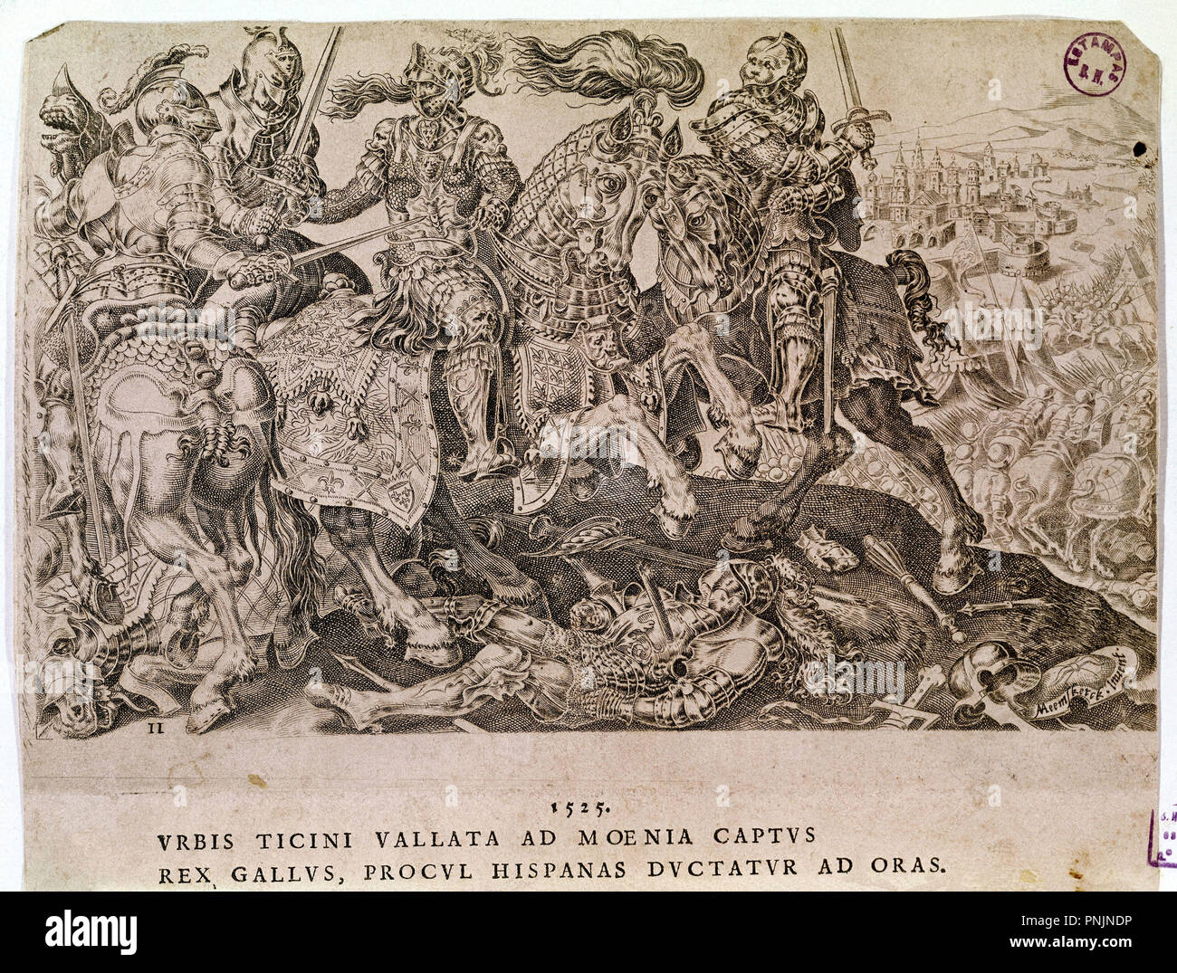 Charles V's victories. Francis I emprisoned. Battle of Pavia. 1525. Madrid, National library (engravings). Author: HEEMSKERCK, MARTIN VAN. Location: BIBLIOTECA NACIONAL-COLECCION. MADRID. SPAIN. Stock Photo