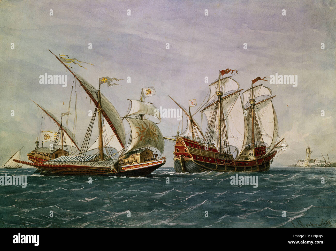 Galeass With Paddles and Galleon. 16th century. Madrid, musée naval. Author: MONLEON, RAFAEL. Location: MUSEO NAVAL / MINISTERIO DE MARINA. MADRID. SPAIN. Stock Photo