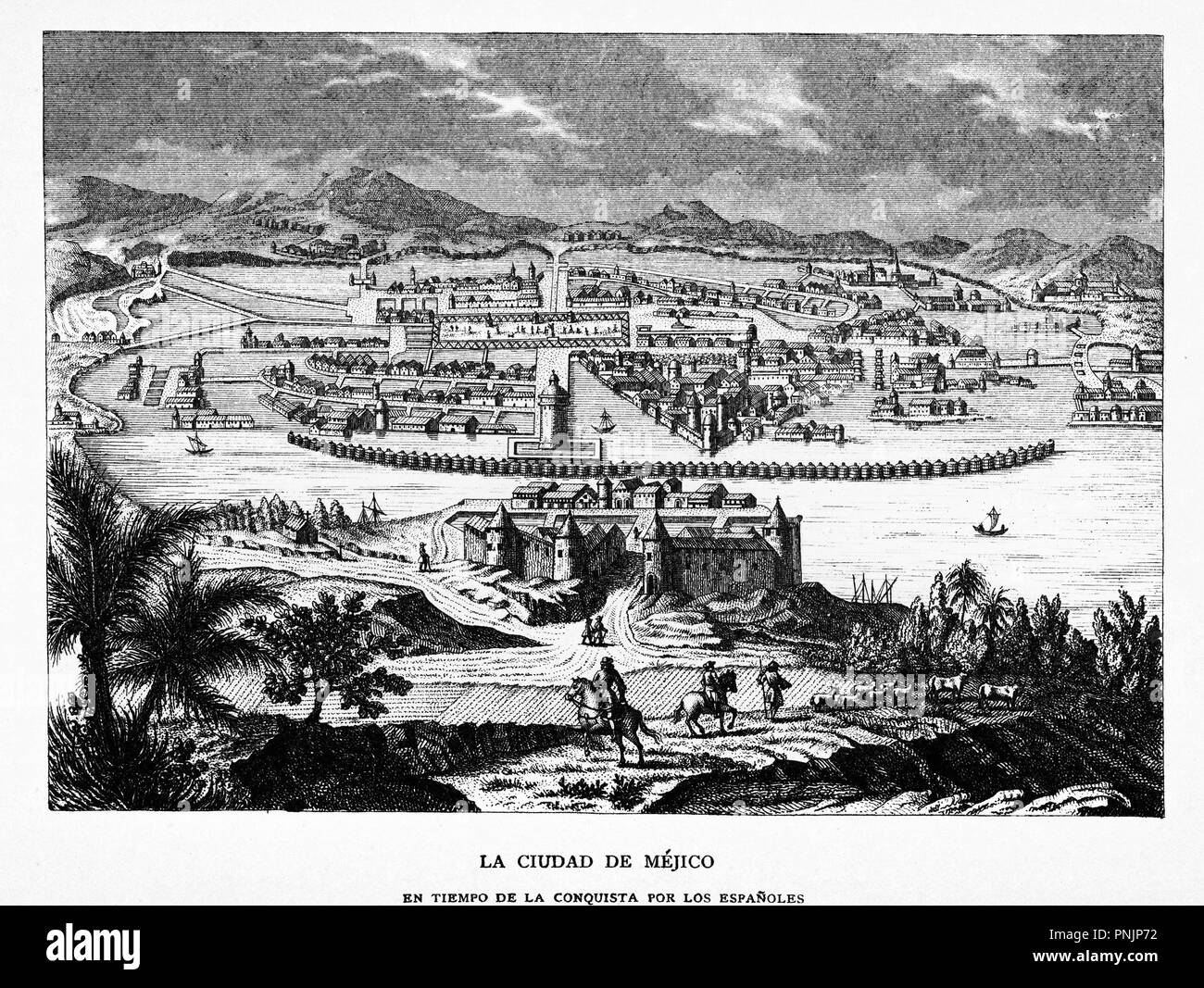 Vista de la ciudad de Méjico en tiempos de la conquista de los españoles. Grabado de 1870. Stock Photo