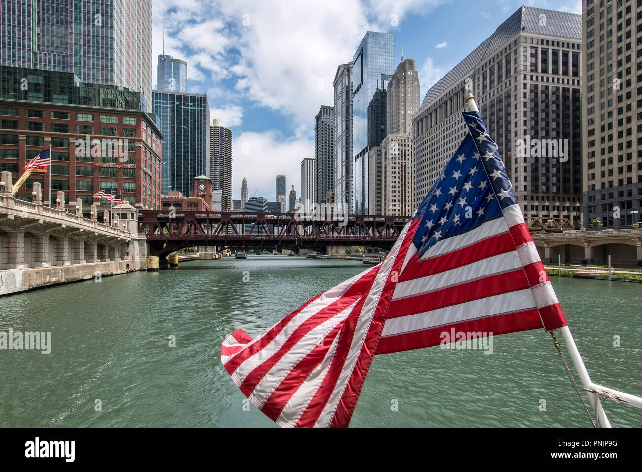 American flag on a boat on the Chicago River, Downtown Chicago, IL. Stock Photo