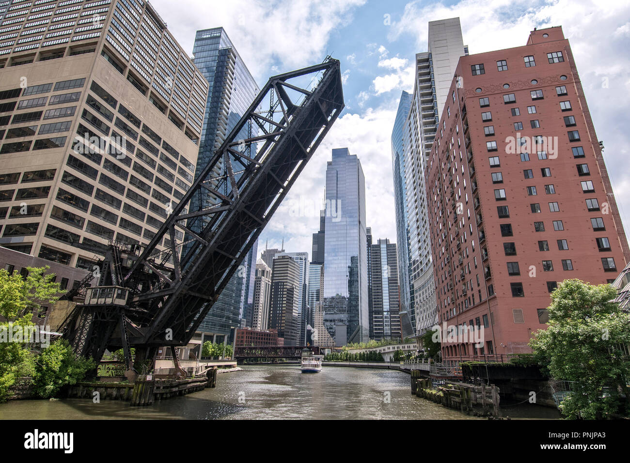 Old Chicago & Northwestern Railway Bridge over the Chicago River, Downtown Chicago, IL. Stock Photo
