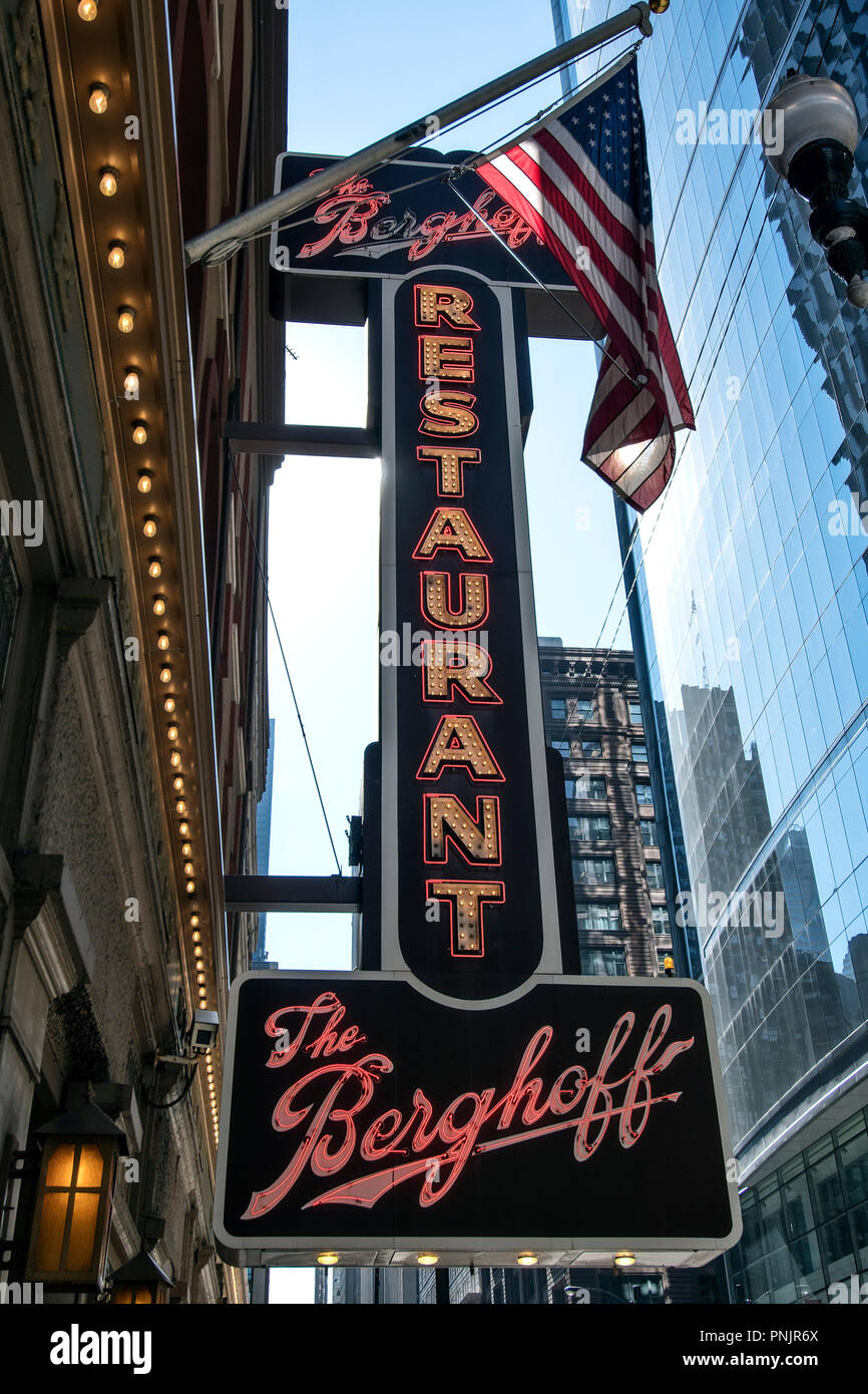 The Berghoff Restaurant with American flag, West Adams Street, The Loop, Downtown Chicago, IL. Stock Photo