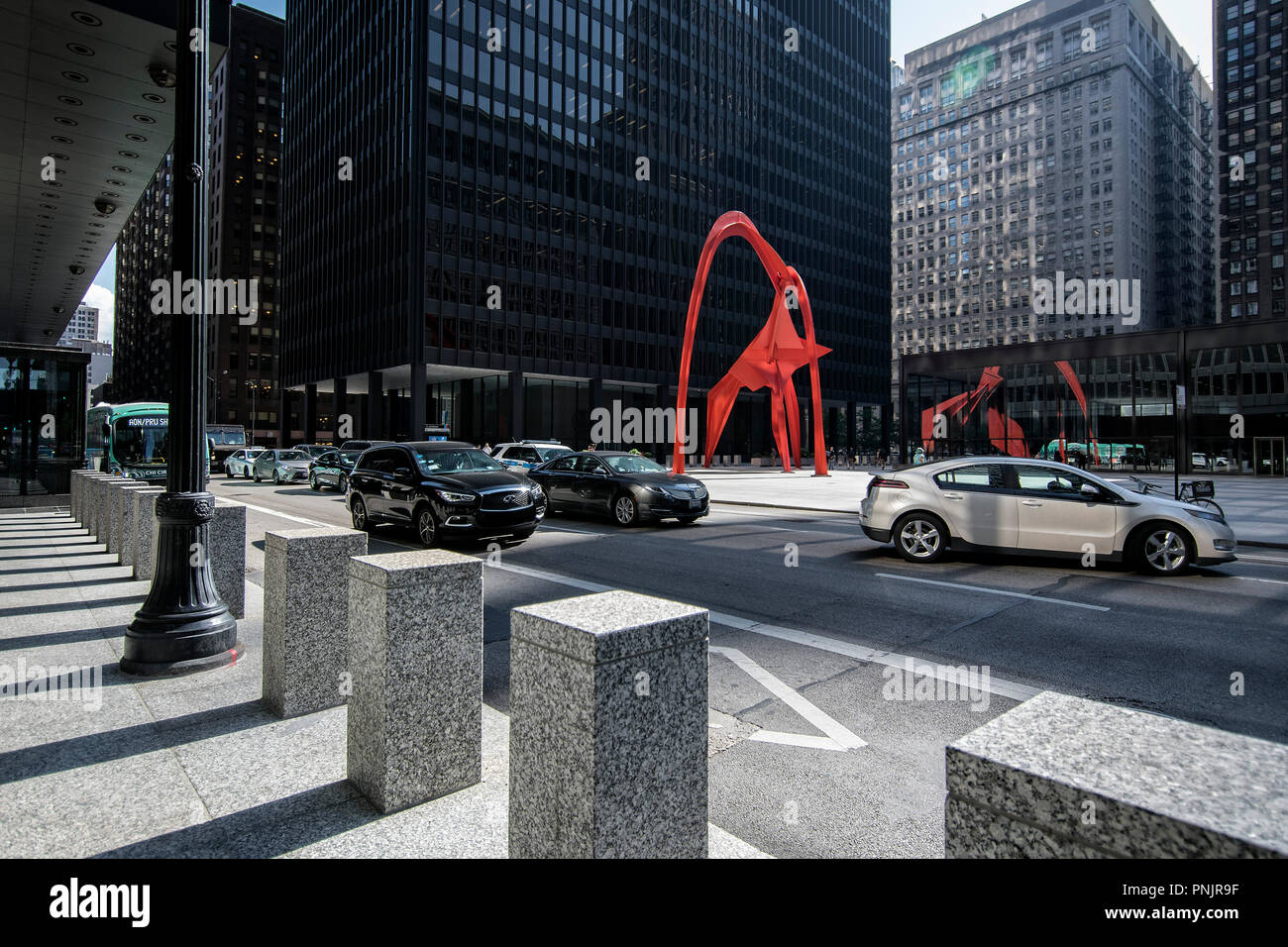 Flamingo sculpture by American artist Alexander Calder at Federal Plaza, Downtown Chicago, IL. Stock Photo
