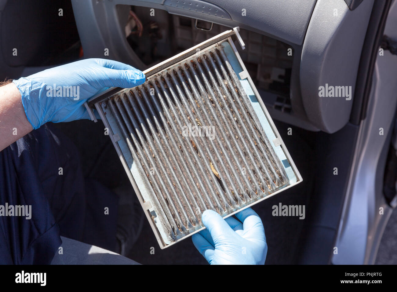 Replacing an old car cabin pollen filter Stock Photo - Alamy