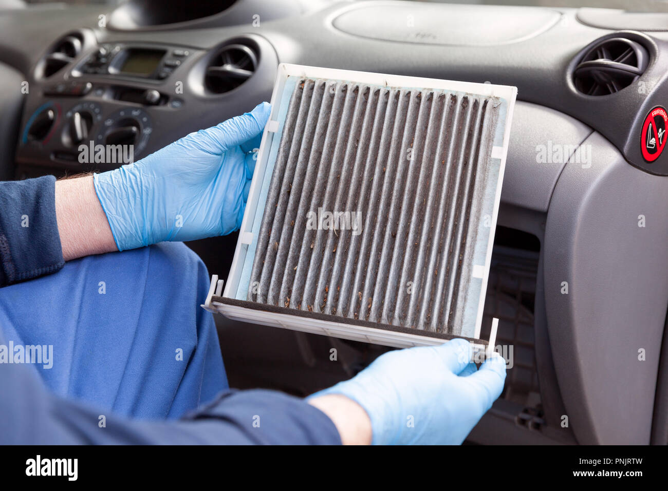 Auto Mechanic Wearing Protective Blue Gloves Showing Dirty Car Cabin Air Filter Old Car Cabin Pollen Filter Replacement Stock Photo Alamy