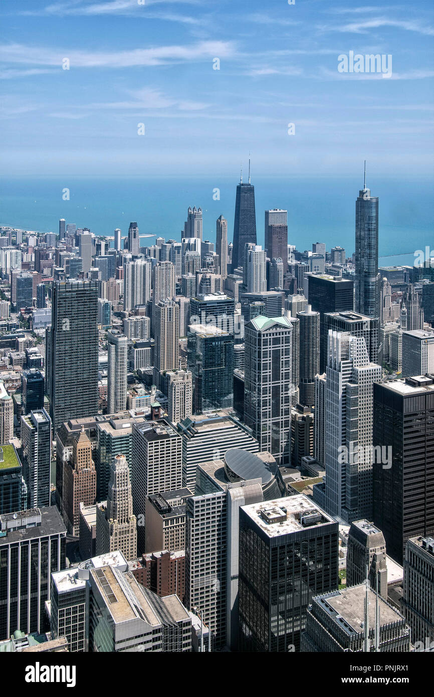 View of skyscrapers, John Hancock Building, Downtown Chicago and Lake Michigan from Willis Tower Skydeck, Chicago, IL. Stock Photo