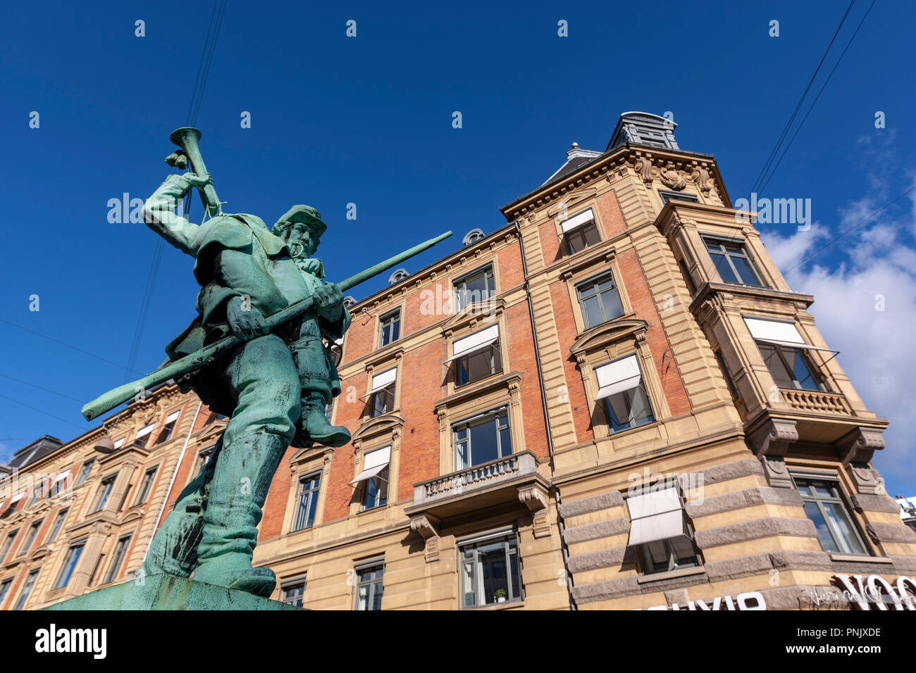 Bronze Den Lille Hornblaeser statue in H. C. Andersens Blvd, Copenhagen, Denmark Stock Photo