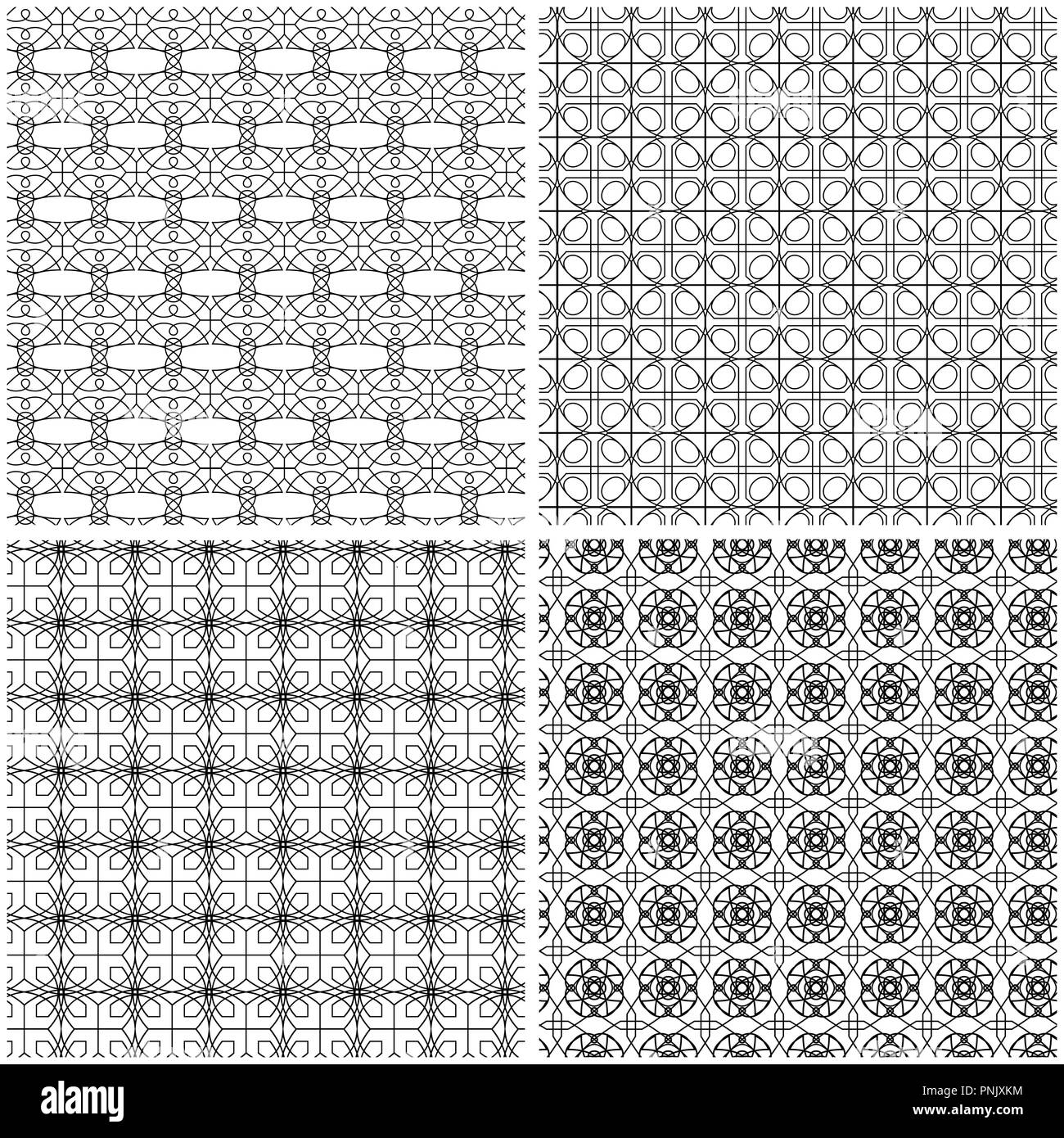 Four vector abstract seamless mesh patterns with interlacing black lines on the white background, hand drawing Stock Vector