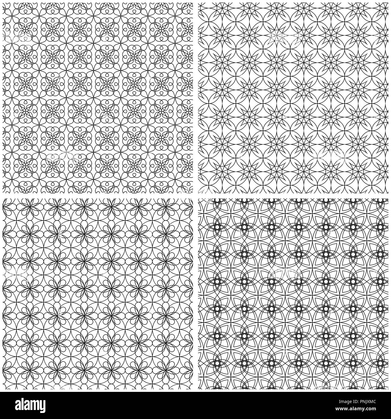 Four abstract seamless vector patterns with curved lines in black color ...