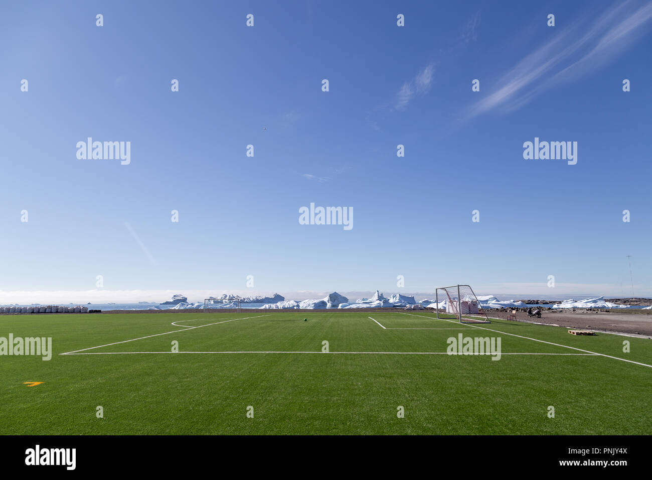 Soccer Field in Qeqertarsuaq, Greenland Stock Photo