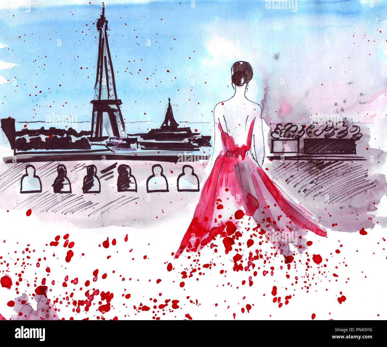 Hand drawn markers and paints girl in the lush dress in the French capital Paris on a background of the Eiffel Tower Sights Stock Photo