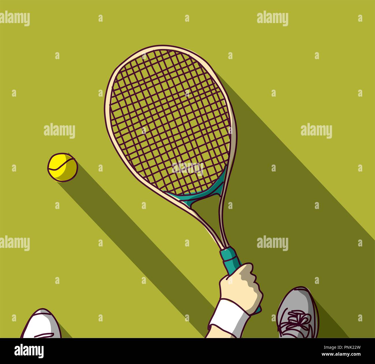 Tennis feet and hand with racket top view Stock Vector