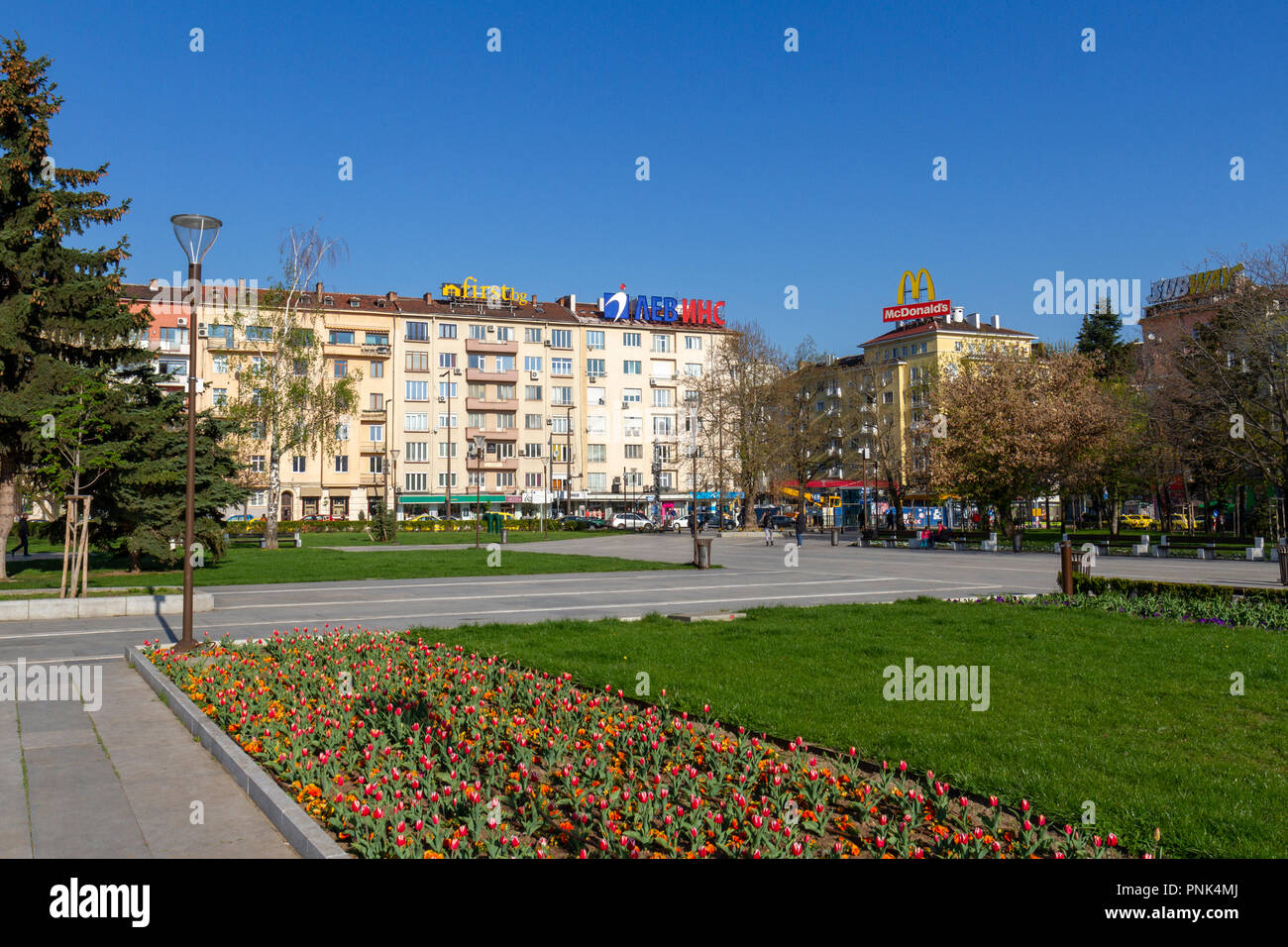 General view of residential tower blocks lining Park National Palace of Culture in central Sofia, Bulgaria. Stock Photo