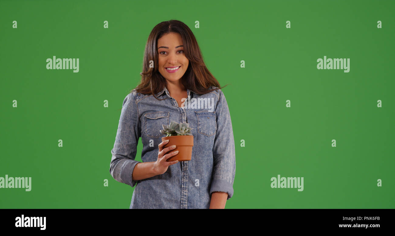 Portrait of happy Hispanic woman holding small potted plant on green ...