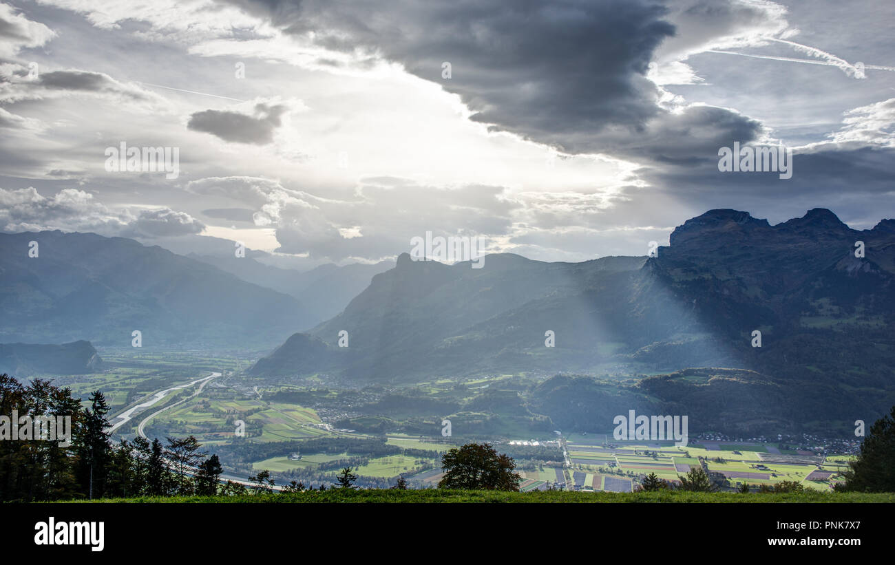 Rheintal landscape taken on the road to Malbun (Liechtenstein). Stock Photo